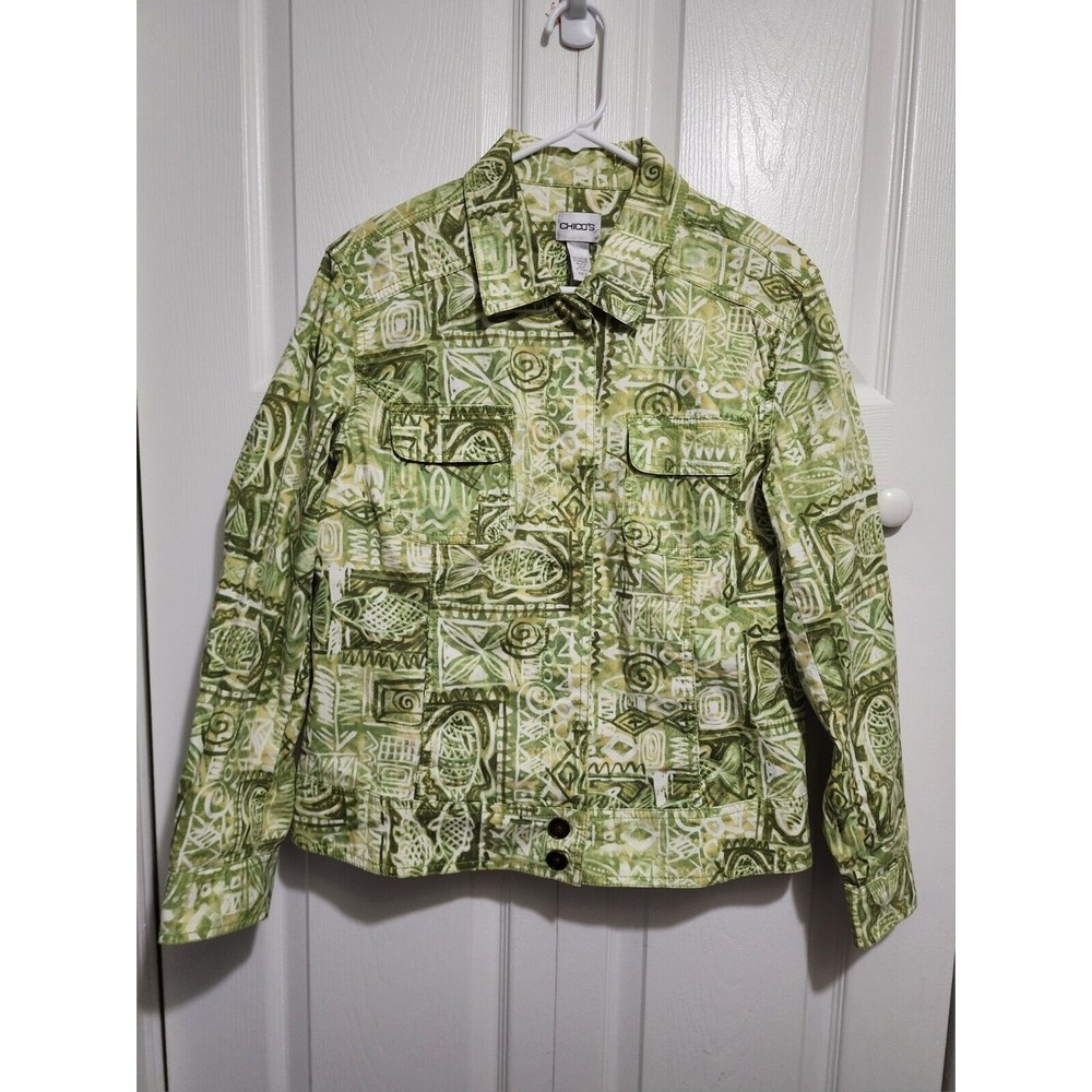 Chicos Jacket Womens 2 Denim Jean Button Up Long Sleeve Lime Green Fish Print
